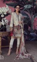A cream lawn shirt with a gold print, a fusion of Chinoiserie and an Indian embroidered design on Beige lawn. Complemented by a Dupatta of colorful boti on cream and pants.