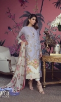 A lavender lawn shirt with a gold print, a fusion of Chinoiserie and an Indian embroidered design on cream lawn. Complemented by a Dupatta of colorful boti on cream and pants.