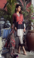 A black and ivory color-blocked digitally-printed lawn shirt with a fusion of paisleys and pearls. Complemented with a Suzani pattern dupatta in coral and dyed pants.