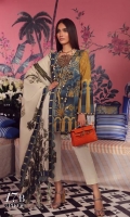 A teal and mustard printed shirt with a fusion of Mughal floral motifs and arches. Complemented by a cream and green printed lawn dupatta and dyed pants.