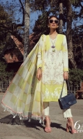 A lemon yellow and cream color-blocked printed lawn shirt with hints of rose gold. A fusion of floral sprays and French swirls with floral embroidered bunches on organza. Complemented with a cubic dupatta in yellow and cream.