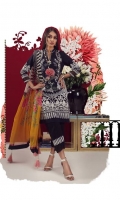 A black and cream digital-print lawn shirt with a fusion of French lace and chrysanthemums. Complemented by a bold geometric design printed chiffon dupatta. 