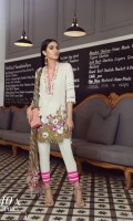 A cream embroidered front with cream back and sleeves on woven lawn with a placement of pansy flowers and a floral trellis embroidered border. Complemented by a geometric printed chiffon dupatta in olives, lavender and mint with cream pants.