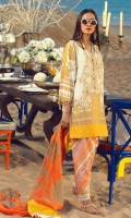 Gold Printed front on lawn: 1.20m Gold Printed back on lawn: 1.20m Gold Printed sleeves on lawn: 0.65m Embroidered neck on organza Printed pants: 2.5m Gold printed Dupatta on silver chiffon: 2.5m