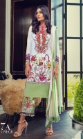 Digitally printed front on lawn: 1.20m Digitally printed back on lawn: 1.20m Digitally printed sleeves on lawn: 0.65m Embroidered neck on organza Printed pants: 2.5m Printed Dupatta on silver chiffon : 2.5m