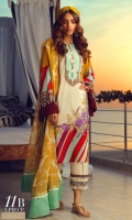 Digitally printed front on lawn: 1.20m Digitally printed back on lawn: 1.20m Digitally printed sleeves on lawn: 0.65m Embroidered bunches on organza Printed Dupatta on silver chiffon: 2.5m Dyed pants: 2.5m
