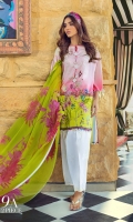 Digitally printed front on lawn: 1.20m Digitally printed back on lawn: 1.20m Digitally printed sleeves on lawn: 0.65m Embroidered bunches on organza Printed Dupatta on silver chiffon: 2.5m