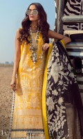 Dyed Embroidered Shirt Front On Lawn 1.10 meters Dyed Shirt Back On Lawn 1.10 meters Printed Sleeves On Lawn 0.65 meter Printed Borders On Lawn 2.5 meters Printed Dupatta On Silver Chiffon 2.5 meters Printed Pants On Cotton 2.5 meters