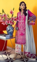 Digitally Printed Shirt Front On Lawn 1.15 meters Digitally Printed Shirt Back On Lawn 1.15 meters Digitally Printed Sleeves On Lawn 0.65 meter Embroidered Panel On Dyed Lawn Dyed Woven Zari Check Dupatta 2.5 meters Printed Pants On Cotton 2.5 meters