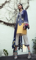 Pure lawn Kameez in navy blue with Chinese ornament patterns contrasted with acid yellow color block design and silk thread floral embroidery. Paired with a modern geometric printed dupatta in complementary colors. Fabric: Lawn shirt. Blend chiffon printed dupatta. Silk thread embroidery border.