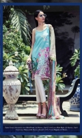 Pure lawn mint green Kameez incorporated with modern fusion of Mughal patterns offset with silk thread heavy embroidery in floral design. Paired With a cream complimentary printed dupatta. Fabric: Lawn shirt, Embroidered on front. Blend chiffon dupatta