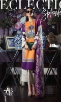 Pure lawn Kameez in color blocking of orange and purple offset by an antique fusion of Mughal and Persian floral design. Offset with gara embroidery patterns on sleeves. Paired With a cream and purple printed dupatta.  Fabric: Lawn shirt, Embroidered sleeves. Blend chiffon dupatta