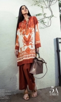 Burnt oranges with white paste printed lawn Kameez with classic placements of Mughal ornaments and floral design. Paired with burnt orange pants.  Fabric: Lawn shirt, Lawn pants