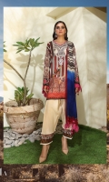 Digitally printed front on LINEN: 1.20m Digitally printed back on LINEN: 1.20m Digitally printed sleeves on LINEN: 0.65m Embroidered neckline Dyed pants: 2.5m Printed Dupatta on SILVER CHIFFON: 2.5m