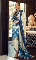 Digitally Printed Shirt Front On Linen	1.20 meters Digitally Printed Shirt Back On Linen	1.20 meters Digitally Printed Sleeves On Linen	0.65 meter Embroidered Neck On Organza	  Printed Kani Shawl	2.5 meters Dyed Pants On Cotton	2.5 meters