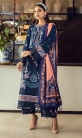 Embroidered Shirt Front On Slub	1.20 meters Dyed Shirt Back On Slub	1.20 meters Embroidered Sleeves On Slub	0.65 meter Embroidered Neck On Slub	  Printed Rotary Border On Lawn	3 meters Printed Blend Pashmina Shawl	2.5 meters Dyed Pants On Cotton	2.5 meters