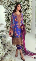 POLY SATIN DIGITAL PRINTED FRONT 1.15 MTR POLY SATIN DIGITAL PRINTED BACK 1.15 MTR POLY SATIN DIGITAL PRINTED SLEEVES 0.65 MTR CORD NECK EMBROIDERY ON POLY SATIN 1 PC CORD EMBROIDERED DAAMAN BORDER ON ORGANZA 1 MTR DIGITAL PRINTED ORGANZA DUPATTA 2.5 MTR DYED RAW SILK TROUSER FABRIC 2.5 MTR