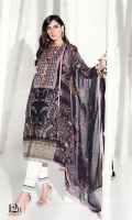 Printed front on dobby fabric: 1.25 m Printed back on dobby fabric: 1.25 m Printed sleeves on dobby fabric: 0.75m Embroidered neck on organza. Embroidered borders: 2m Printed border: 4m Printed pants: 2.5m Printed silver chiffon Dupatta: 2.5m