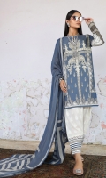 Printed front on lawn: 1.15m Printed back on lawn: 1.15m Printed sleeves on lawn: 0.65m Embroidery on organza Printed cotton pants: 2.5m Printed cotton weave net dupatta: 2.5m