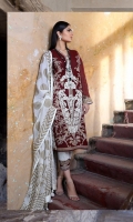 Printed front on lawn: 1.15m Printed back on lawn: 1.15m Printed sleeves on lawn: 0.65m 2 Embroidered bunches for sleeves on organza Printed cotton pants: 2.5m Printed cotton weave net dupatta: 2.5m