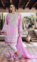 Printed front on lawn: 1.15m Printed back on lawn: 1.15m Printed sleeves on lawn: 0.65m Embroidered neck on tissue. Printed cotton pants: 2.5m Printed blended zari and cotton weave Dupatta: 2.5m