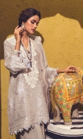 Woven Silver Zari Jacquard Shirt Front 	1.25 meters Woven Silver Zari Jacquard Shirt Back 	1.25 meters Woven Silver Zari Jacquard Sleeves	0.65 meter Cord Embroidered Neckline on Organza 	1 piece Woven Jacquard Dupatta on Organza 	2.5 meters Resham Embroidered Pallu on Organza	2 meters Running Embroidered Patti on Organza	5 meters Dyed Cotton Pants 	2.5 meters
