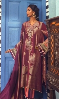 Woven Gold Zari Jacquard Shirt Front 	1.25 meters Woven Gold Zari Jacquard Shirt Back	1.25 meters Woven Gold Zari Jacquard Sleeves 	0.65 meter Woven Gold Zari Jacquard Dupatta	2.5 meters Resham Embroidered Sleeves Border on Satin 	1 meter Tilla Embroidered Patti Border on Lawn 	1 meter Printed Cotton Pants 	2.5 meters