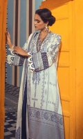 Woven Vinyl Jacquard Shirt Front 	1.25 meters Woven Vinyl Jacquard Shirt Back	1.25 meters Woven Vinyl Jacquard Sleeves 	0.65 meter Resham Embroidered Neckline on Lawn	1 piece Vinyl Woven Jacquard Dupatta  	2.5 meters Printed Cotton Pants 	2.5 meters