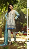Shirt : Printed Cambric Shirt with Embroidered Front / Tissue Bunches. Dupatta : Printed Broshia Jacquard Dupatta Trouser : Plain Cambric