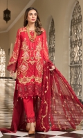 Chiffon Embroidered Front Chiffon Embroidered Back Chiffon Embroidered Sleeves Organza Embroidered Front & back Daman Patch Trouser Embroidered Lace Embroidered Chiffon Dupatta (2.5 mtr) Dyed Trouser (2.5 mtr)