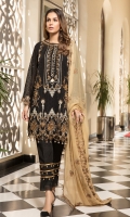Chiffon Embroidered Front Chiffon Plane Back Chiffon Embroidered Sleeves Organza Embroidered Front & back & Sleeve Lace Embroidered Chiffon Dupatta (2.5 mtr) Dyed Trouser (2.5 mtr)