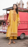 Shirt Dyed Extra Weft Jacquard Shirt 3.55m Embroidered Neckline 1PC Embroidered Border 1PC Embroidered Patti 1PC Color: Yellow Fabric: Extra Weft Jacquard  Trouser Dyed Cotton Trouser 2.5m Color: Yellow Fabric: Cotton  Dupatta Dyed Extra Weft Jacquard Dupatta 2.5m Color: Yellow Fabric: Extra Weft Jacquard