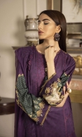 Shirt Digital Printed & Embroidered Fine Lawn Shirt Front 1.15m Digital Printed Fine Lawn Shirt Back & Sleeves 1.85m Embroidered Border 1PC Color: Purple Fabric: Fine Lawn  Trouser Dyed Cotton Trouser 2.5m Color: Purple Fabric: Cotton  Dupatta Dyed Embroidered Bemberg Crinkle Chiffon Dupatta 2.5m Color: Purple Fabric: Bemberg Crinkle Chiffon