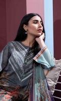 Details: Printed & Embroidered Front, Printed Back, Full Sleeves, Round Neck with Slit Color: Grey Fabric: Textured Lawn  Cigarette Pants Color: Grey Fabric: Cotton  Blended Chiffon Dupatta Color: Grey