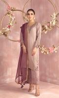 Shirt: Pure shimmer cotton net shirt featuring dabka, stones, multi shaded pearls and beads and contrasting thread embroidery. Shirt Color: Mauve Shirt Length: 40”  Culottes : Lace culottes featuring pearl and bead work Culottes  Color: Mauve  Dupatta: Pure Organza net dupatta featuring lace and hand crafted tassel details finished with brocade edging Dupatta Color: Dark Mauve