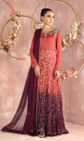 Gown: Pure lorex voile ombre dyed crushed gown featuring beautiful 3D hand crafted floral, beads, sequins, antique gold kora, dabka and pearls embroidery Gown Color: Rust and Burgundy Gown length: 58” (can be customized mention in custom box if required) Waist: 30(XS), 32(S), 34(M), 38(L), 41(XL)  Dupatta: Pure Chiffon dupatta featuring hand crafted motifs, finished with gota edging. Dupatta Color: Burgundy