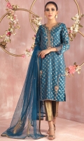 Shirt: Jamawar straight silhouette shirt featuring antique gold and silver dabka, pearls, sequins, beads and gota embroidery Shirt Color: Blue Shirt Length: 40” Sleeve Length: 18"  Pant: Brocade pants with side slit and hand embroidery details Pant Color: Dull Gold  Dupatta: French net dupatta featuring applique work motifs and sequin floral all over. Dupatta Color: Blue