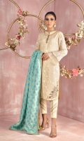 Shirt: Pure embroidered karandi shirt featuring multi-color thread and gota work on shirt bottom, Cotton net back featuring Zardozi work applique motif and small motifs all over, lace and fabric manipulation on sleeves and neckline for additional style Shirt Color: Pastel Yellow Shirt Length: 40”  Pant: Khaadi silk straight pants with lace and fabric manipulation Pant Color: Pastel Yellow   Dupatta: Pure atlas silk dupatta with gota edging and gold brocade finishing Dupatta Color: Cyan