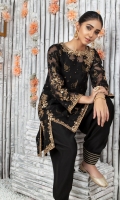 Style this traditional A-line silhouette, Jacquard organza shirt featuring side-slit neckline of antique gold tilla, sequins, dabka and pearl floral embroidery, paired with Khaadi silk shalwar and antique gold dupatta with sequin and bead motifs all over finished with black jamawar border.