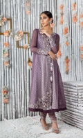 Long and flattering kalidar angarkha in embroidered organza featuring multiple shades of mauve and silver Zardozi and resham embroidery ,enhanced with sequins, crystals, beads and stones. Hand crafted tassel dori, paired up with churidar and hand block printed dupatta to complete the traditional look of this outfit.