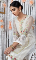 Beautiful Ivory jacquard organza net shirt adorned with hand crafted multi colored ribbon and thread work, further enhanced with pearls, beads and sequins. Shimmer chiffon undershirt for additional sparkle, paired with straight pants with lace and pin tucks and stylish dupatta featuring ribbon and bead motifs all over, multi-color shimmery color block finishing on borders.