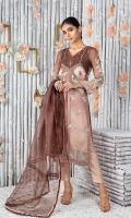 Effortless and Chic, long ombre dyed organza net front open style shirt featuring applique details further enhanced by sequin and stones. Paired with straight pants and lace and pin tucks detailed dupatta featuring sequins motifs all over.