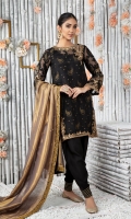 Style this traditional A-line silhouette, Jacquard organza shirt featuring side-slit neckline of antique gold tilla, sequins, dabka and pearl floral embroidery, paired with Khaadi silk shalwar and antique gold dupatta with sequin and bead motifs all over finished with black jamawar border.