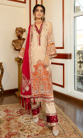 Embroidered chiffon for front: 1 yard  Embroidered chiffon center panel for back: 1 pcs  Embroidered organza front border: 1 pcs  Embroidered organza front back border: 2 yard  Embroidered chiffon for sleeves: 0.75 yard  Embroidered organza for sleeves border: 2 yard  Embroidered organza for sleeves Patti + neckline patti : 2.5 yard  Embroidered trouser patti: 1.5 yard  Embroidered organza dupatta Patti: 8.5 yard  Embroidered organza motifs for dupatta: 4 pcs  Dyed raw silk for trouser: 2.50 yard
