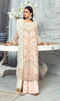 Embroidered chiffon left right panels with handmade embellishment for front: 1 yard  Embroidered organza for neck : 1 pcs 6”  Embroidered chiffon for back: 1 yard  Embroidered chiffon for sleeves: 0.75 yard  Embroidered organza left right border with handmade embellishment for front: 2 pcs  Embroidered organza for front border: 1 yard  Embroidered organza for back border: 1 yard  Embroidered organza patti for center: 2 yard  Embroidered organza for sleeve patti: 1 yard  Embroidered Raw silk trouser: 2.50 yard  Embroidered cotton net dupatta: 2.75 yard