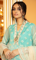Embroidered chiffon for front: 1 yard  Embroidered chiffon for back: 1 yard  Embroidered chiffon for sleeves:0.75 yard  Embroidered chiffon dupatta: 2.75yard  Embroidered trouser border: 1 yard  Embroidered neck patti with handmade embellishment: 1 yard  Embroidered organza front + sleeves border: 2 yard  Embroidered organza back border: 1 yard  Dyed raw silk for trouser: 2.50 yard