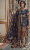 Embroidered front on digital printed cutail  Embroidered border on organza for front  Embroidered sleeves on digital printed cutail  Digital printed back  Digital printed trouser  Embroidered pashmina shawl  4 embroidered patches on organza for shawl