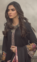 Embroidered front on khaddar karandi  Embroidered neck patti on organza  Embroidered sleeves on khaddar karandi  Embroidered border on organza for back  Embroidered butterflies on organza  Dyed khaddar karandi trouser with two embroidered butterfly patch  Embroidered pashmina shawl