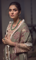 Embroidered front on khaddar karandi  Embroidered border on organza for front  Embroidered sleeves on khaddar karandi  Dyed khaddar karandi trouser  Embroidered pashmina shawl