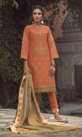 Embroidered front on khaddar karandi  Embroidered border on organza for hem  Embroidered sleeves on khaddar karandi  Dyed khaddar karandi back with embroidered border  Dyed khaddar karandi trouser  Embroidered pashmina shawl